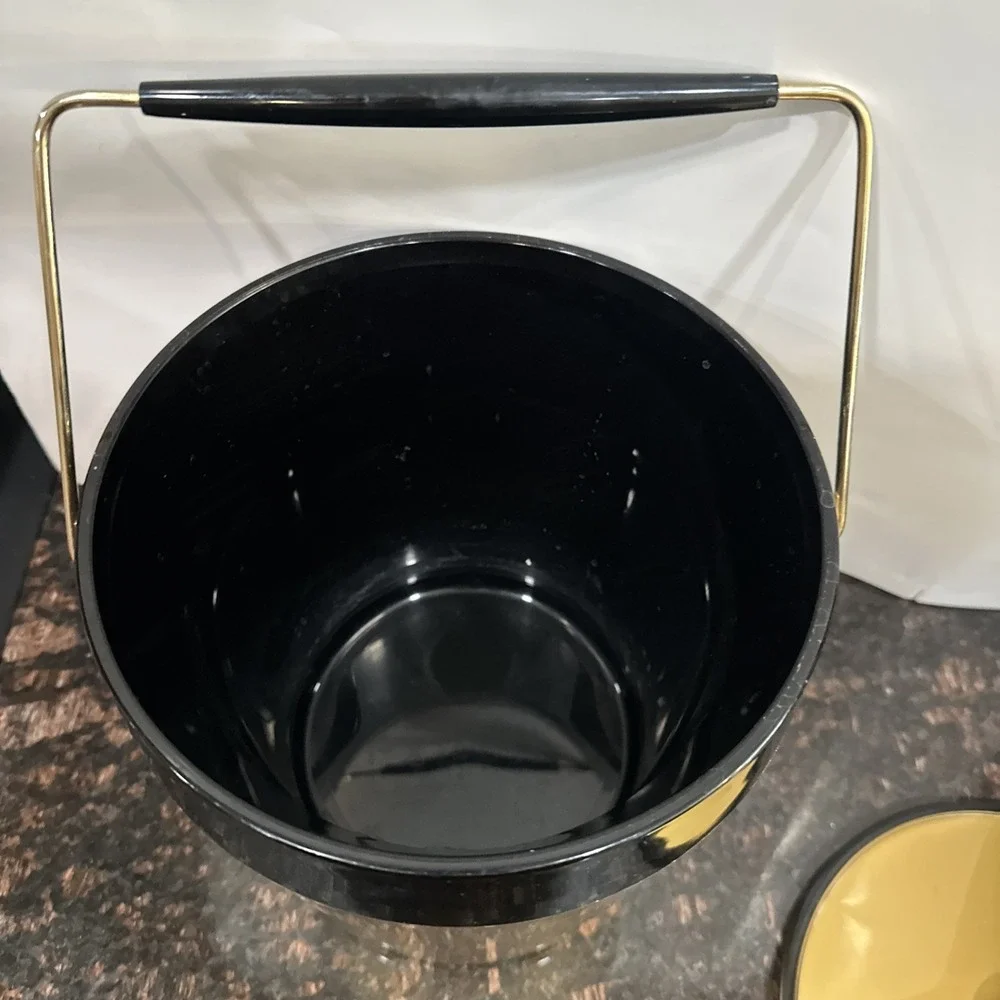 Vintage ice Bucket West Bend Thermo Serv Atomic Gold Black Mid-Century Barware